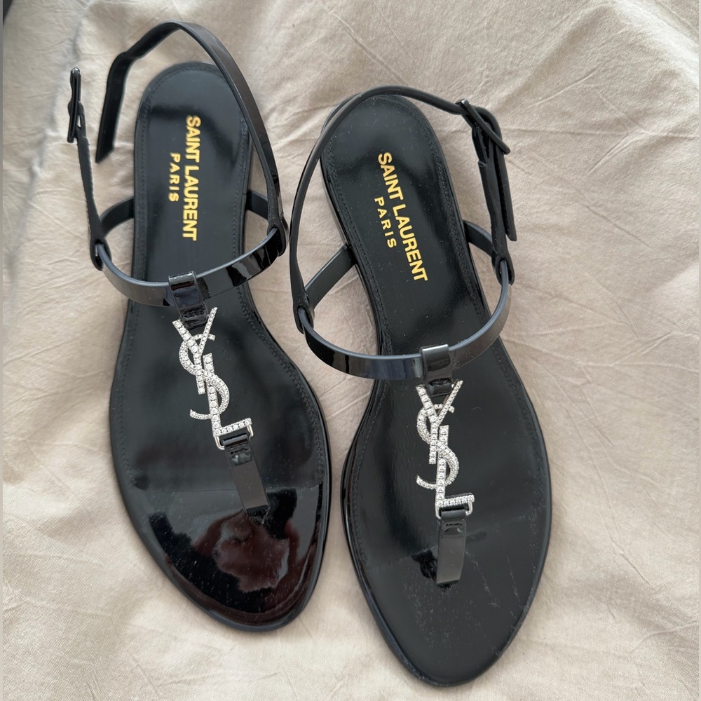 Saint Laurent Black Sandals NEW! with Rhinestone Logo